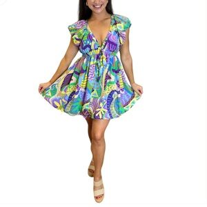 Meet Me in Santorini Bridgette Bubble Hem & Sleeve Geo Print Mini Size L NEW